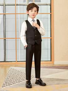 男童新西裝套裝，戒童婚禮服飾，表演服裝，英式男童表演西裝三件套，含背心、長褲與領帶 - 黑色 - 查看 7