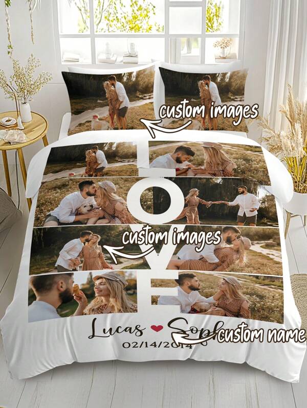 Set di biancheria da letto composto da 3 pezzi, personalizzato, con copripiumino, "Ricordi Preziosi" (adatto per coppie, anniversari, regali di festa), design romantico perfetto per la decorazione della camera da letto