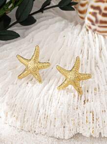 1 Pair Geometric Pearl & Starfish Design Stud Earrings, Minimalist & Practical Multifunctional - Yellow Gold - View 3