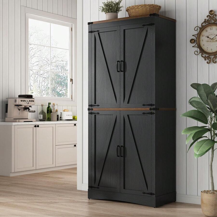71in Farmhouse Tall Storage Cabinet With 5 Layers Adjustable Shelves,Kitchen Pantry Storage Cabinet With 4 Barn Doors,Storage Cabinet For Kitchen, Dining Room, Bathroom, Living Room - 黑色 - 查看 1