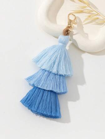 包袋吊坠，节日风格包袋配件，3 层草编人物带流苏吊坠