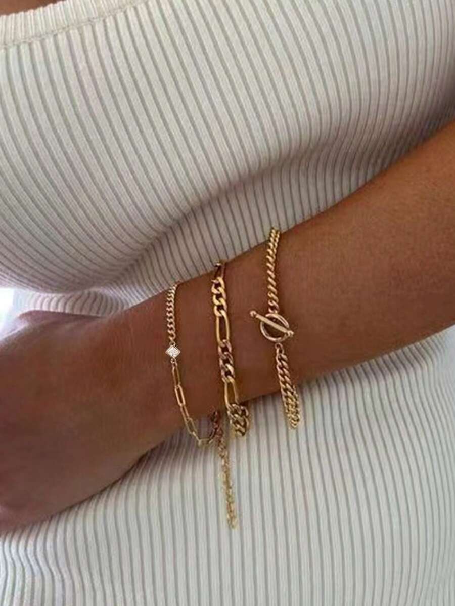 3pcs/Set Fashionable Gold Square Cubic Zirconia Pendant Layered Copper Ring Chain Bracelet Set, Luxury Minimalist Versatile Accessory Gift (Chain, Ring, Bead Quantity Random)