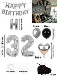 580pcs Black & Silver Balloon Garland Birthday Set, 40" Oversized Foil Number Balloons, Black Rose Petals, Suitable For Men & Women 16th, 18th, 20th, 21st, 25th, 30th, 35th, 45th Birthday Party Decorations