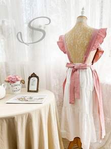 1 szt. haftowany fartuch z kwiatami, nowoczesny fartuch z falbanką z tkaniny do domu, kuchni, łazienki, domu, dostawców gospodarstwa domowego - Beżowy - Zobacz 5