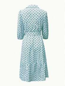 Vestido casual/de trabajo con estampado floral de 360 grados y cinturón para mujeres