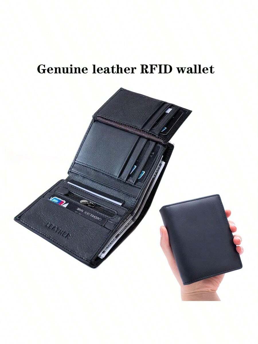 男士纯色真皮三折 RFID 屏蔽拉链零钱包，女士信用卡夹钱包，大容量多卡槽，商务休闲风格，生日礼物，毕业礼物，父亲节礼物