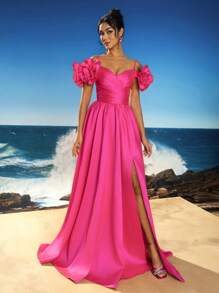 Robe de soirée longue élégante à épaules dénudées, avec fente à la cuisse, convient aux occasions formelles, aux robes de fête, aux robes de invités de mariage - Rose vif - Voir 1