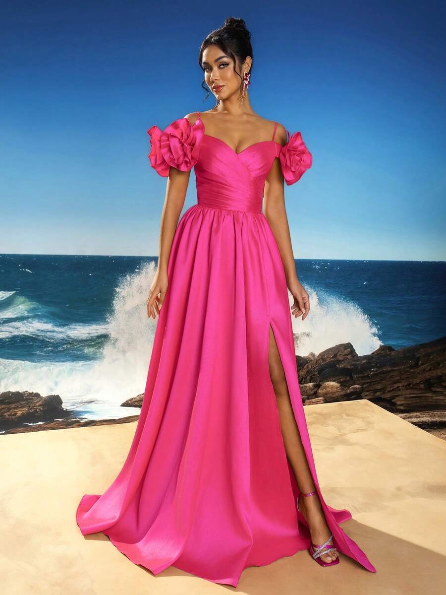 Robe de soirée longue élégante à épaules dénudées, avec fente à la cuisse, convient aux occasions formelles, aux robes de fête, aux robes de invités de mariage - Rose vif - Voir 1