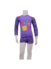 Kids Cute Print Long Sleeve Swimsuit Set - Green - View 2