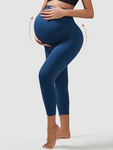 Maternity Abdominal Support 3/4 High Waist Full Length Leggings With Expandable Abdominal Support Panel - Blue - View 4