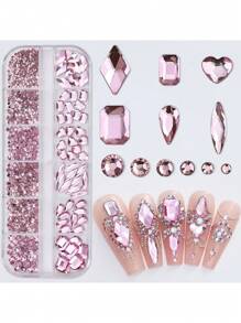 12 件多形状 3D 平底指甲水钻，指甲宝石玻璃 AB 水晶装饰配件套件适用于 DIY、面部、服装、美甲工艺 - 粉色 - 查看 1
