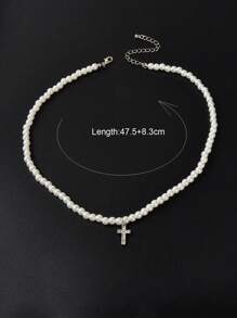 1 件朋克复古珍珠串珠链水钻装饰银色十字架吊坠项链男士日常珠宝 - 白色 - 查看 4