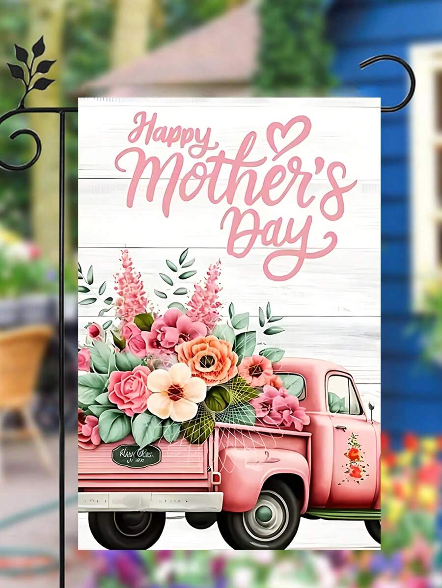 Happy Mother's Day Floral Truck Garden Flag, Polyester, 12x18 Inches - Perfect For Mother's Day Holiday Outdoor Home & Garden Decor, No Pole, Thoughtful Mother's Day Gift