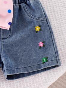2pcs Baby Girl Cloud Rainbow Polka Dot Print Short Sleeve T-Shirt Top And Floral Embroidered Elastic Waist Denim Shorts Set - Pink - View 8