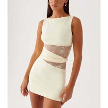 Women Mini Dress Lace Patchwork Sleeveless Dress Summer Casual Bodycon Short Dress - Yellow - View 2