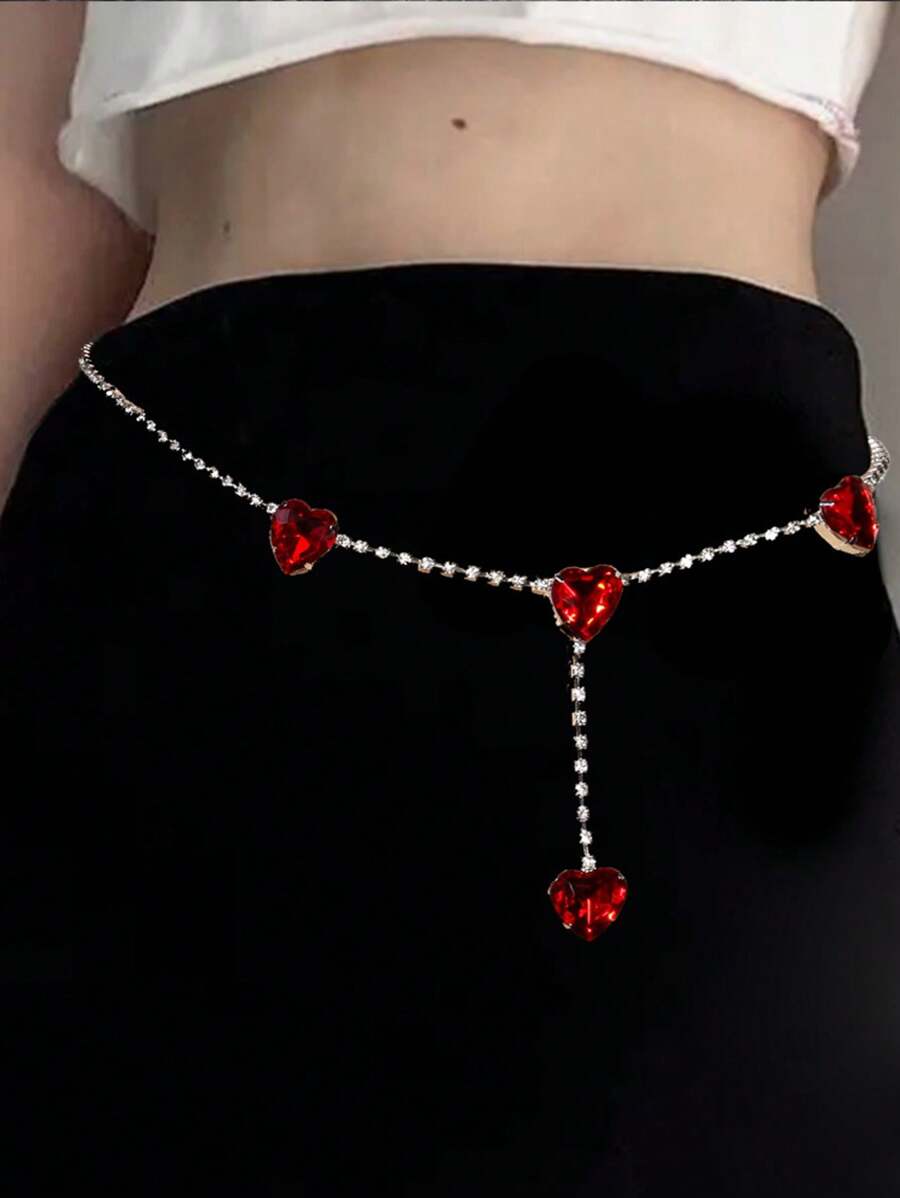 1pc Silver Minimalist Fashion Red Heart Rhinestone Pendant Waist Chain Body Chain, Suitable For Nightclub