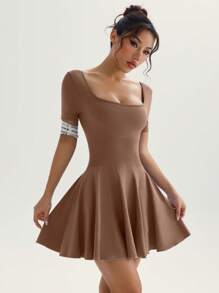 TCVC Women's Short Sleeve Cross Back Sports Dress, Solid X Back, Short Sleeve Square Neck Tennis Dress, Indoor/Outdoor Sports & Yoga, Skin-Friendly Fabric, Slim Fit