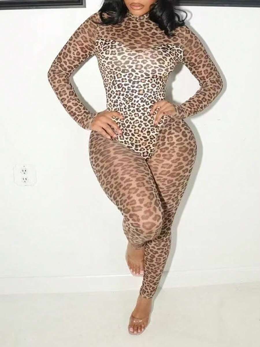 Fashionable Sexy Leopard Print Patchwork Jumpsuit - Brown - View 1
