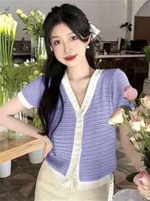 Contrast Color V-Neck Elegant Knit Short Sleeve Cardigan, Buttons Design Casual Tops For Women, Knitted Texture Loose Fit, Suitable For Going Out, Home, Date, Vacation