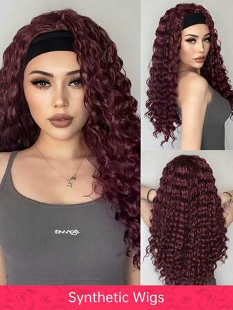 Headband Wigs For Black Women Long Wave Synthetic Burgundy Wine Red Wig Perfect For Halloween Costumes And Daily Wear Music Festival 26 Inch