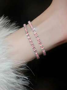 2 件时尚女士粉水晶弹力手链，闪亮的 Y2K 风格弹力手链套装，是送给女士的理想礼物，适合派对和日常佩戴 - 粉色 - 查看 1