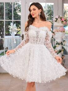 UNITHORSE UNITHORSE V-Neck Strapless Dress With Long Sleeves, Luxurious Lace Trim Decorated Skirt, Light Wedding Dress, Fishtail Waist Formal Dress,Bride, All White Party Outfit Women