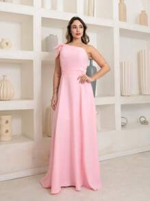 Victoria Long Dress Luxury Plain Duna Linen With Bow One Shoulder - Baby Pink - View 5