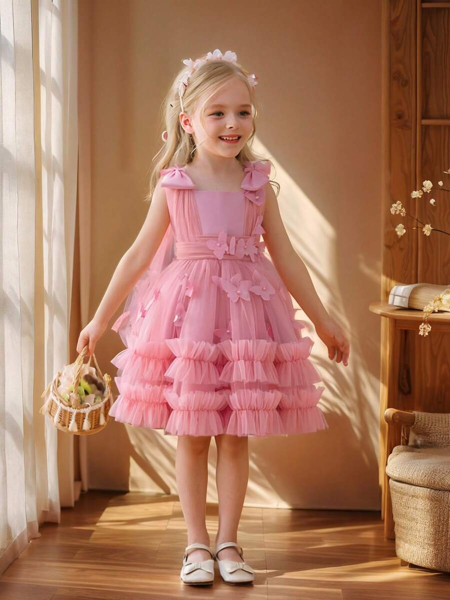 年轻女孩可爱 3D 蝴蝶无袖多层蕾丝网纱连衣裙、花童连衣裙、薄纱连衣裙，适合婚礼、生日派对、拍照、度假、婚礼、舞会、毕业典礼、夏季