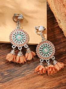 2pcs Retro Simple Exquisite Colorful Sunflower Cloth Ear Clips Bohemian Geometric Tassel Earrings For Women, Clip On Design - Clip - View 13