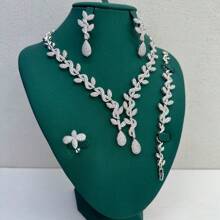 4pcs Luxury Bride Jewelry Set, Includes Necklace, Earrings, Bracelet, Ring With Zirconia Stones, Suitable For Wedding Party, Mother's Day, Valentine's Day Gift