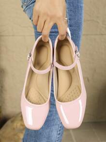 Women's Square Toe Casual Comfortable Rhinestone Buckle Chunky Heel Soft Sole Work Shoes - Pink - View 6
