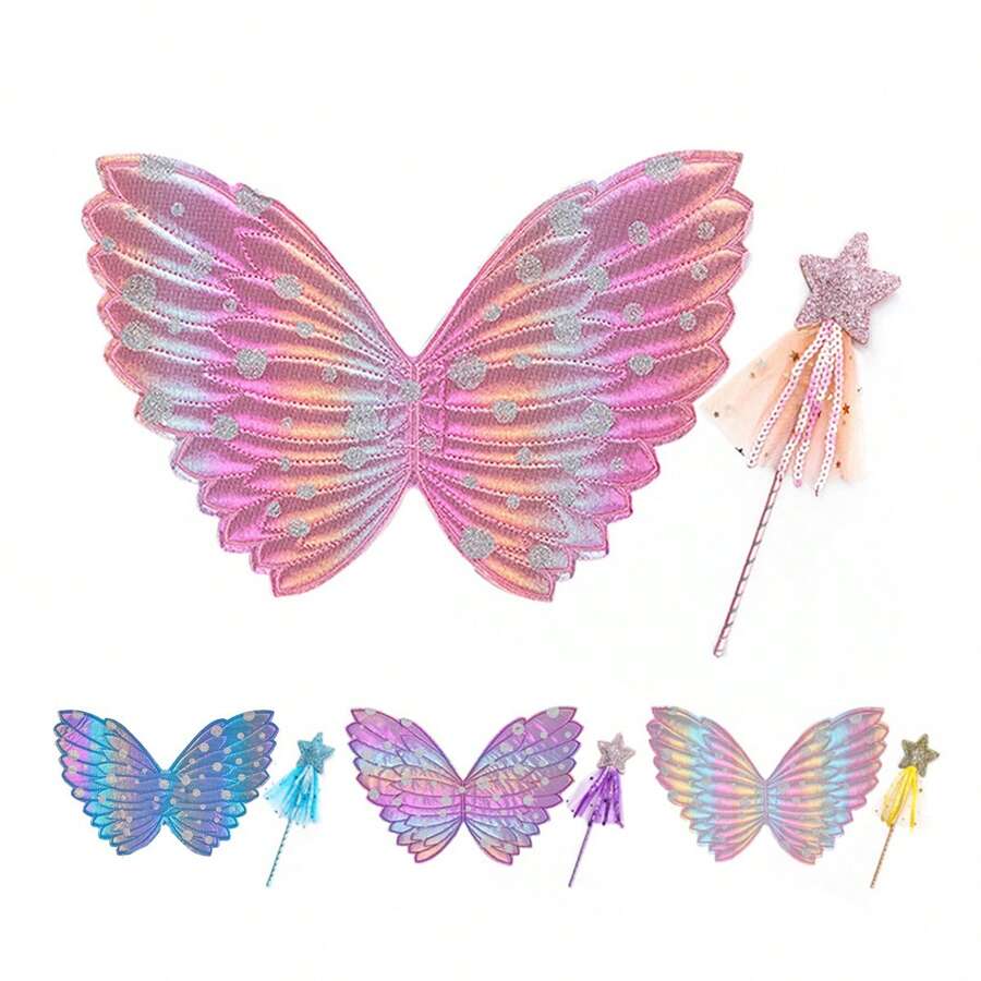 2 pièces Ensemble de costume ailes de papillon et baguette de fée, adapté pour les thèmes de fête d'anniversaire, représentations sur scène, cosplay, etc.