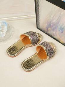 2025 Summer New Fashion Beach Beach Flat Round Toe Wear-Resistant Sequin Hot Drill Girls Sandals - Gold - View 4