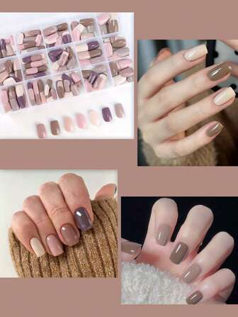 210片七色短方形指甲片假指甲带极简色块可拆卸按压指甲美甲用品指甲