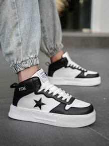 Men's Black & White Comfortable Thick Sole Shock-Absorbing High-Top Street-Style Casual Sports Shoes, Personalized Star Print Leather Upper Splicing High-End Minimalist Outdoor Non-Slip Flat Shoes