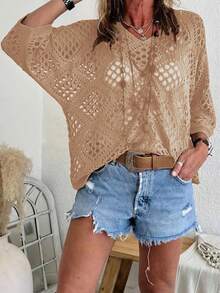 Suéter holgado con diseño calado para talla grande, ropa casual de resort - Marrón - Ver 2