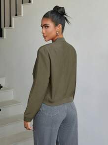 Apperloth A Women's Short Bomber Jacket, Flap Pockets, Button Front, Lightweight Loose Baseball Collar Coat - Army Green - View 2