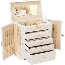 Leather Huge Jewelry Box Mirrored Watch Organizer Necklace Ring Earring Storage Lockable Gift Case (White + Gold)