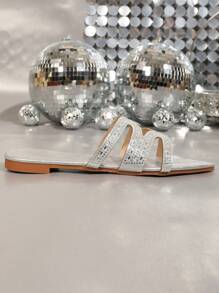 Dames platte sandalen met strass-versiering, elegante, modieuze, casual slippers met puntige neus