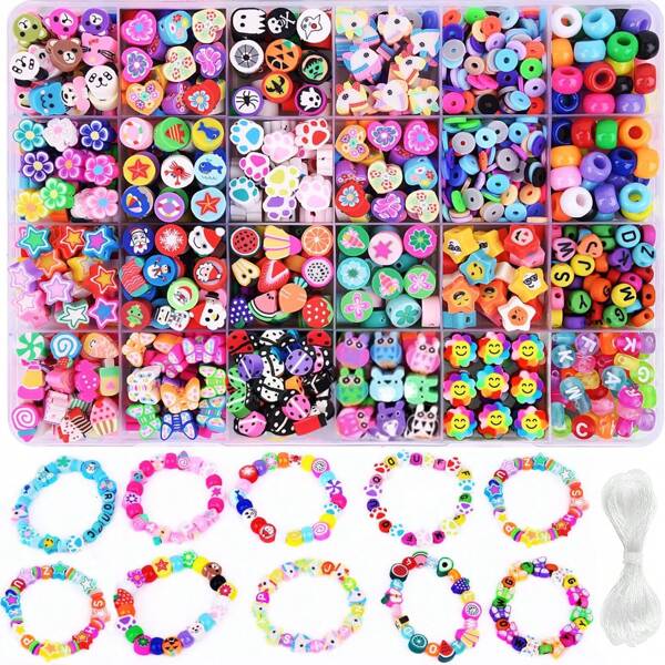 Juego de 1000 piezas de cuentas de arcilla polimérica para hacer pulseras, 24 cuentas lindas y divertidas con diseños de frutas, flores, animales, pasteles, mariposas, corazones para hacer joyas como collares, aretes y accesorios DIY para mujeres y niñas (colores aleatorios)