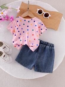 2pcs Baby Girl Cloud Rainbow Polka Dot Print Short Sleeve T-Shirt Top And Floral Embroidered Elastic Waist Denim Shorts Set - Pink - View 3