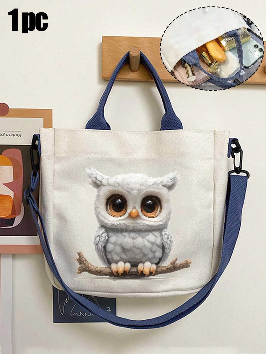 1pc Owl Printed Polyester Tote Bag For Women, Large Capacity Casual Shoulder Bag,Detachable Shoulder Strap, Versatile Fashion Handbag For Party, Travel, Suitable For Gifts To Family And Friends,Shopping - White