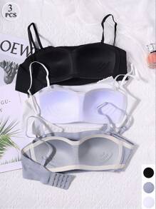 3pcs Girls' Bra With Double-Layer Strapless Design, Including 1 Detachable Shoulder Strap, Suitable For 13-16 Years Old - Multicolor - View 2