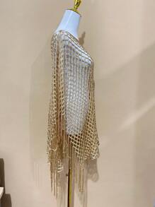 1件装时尚百搭针织镂空披肩，女士防晒沙滩围巾，春夏连衣裙搭配 - 金色 - 查看 3