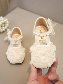 1 Pair Girls Fashion Elegant Minimalist Pearl Embroidery Breathable Mesh Bowknot Decor PU Princess Flats, Soft Non-Slip Easy To Wear, Suitable For Dresses And Piano Performance, All Season