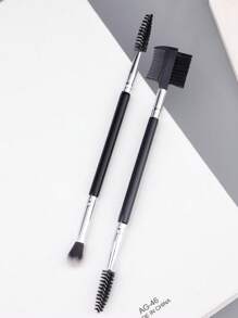 2 Pieces Eyebrow Brush & Eyelash Curler Set With Wooden Handle Comb Portable Dual-Ended Makeup Brush Tool - Black - View 2