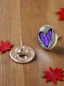1 par de aretes tipo botón con estampado de leopardo y forma de corazón, de acero inoxidable, como regalo para el Día de la Madre