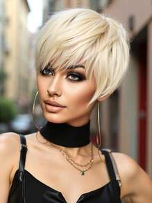 High Quality And Comfortable 8 Inch Blonde Natural Texture Short Straight Wig With Bangs Ladies Synthetic Heat Resistant Wig For Women Girls Everyday Party Cosplay Fashion Wig - Gold - View 11