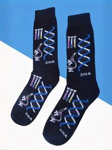 Calcetines de tripulación de moda científica para hombres con impresión de microscopio y ADN genético con inspiración de laboratorio