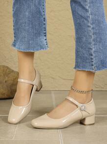 Women Square Toe Slip-On Casual Comfortable Rhinestone Buckle Chunky Heel Soft Bottom Work Shoes